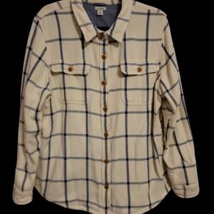 LL Bean Men's Cream and Blue Plaid Pocketed Button Up